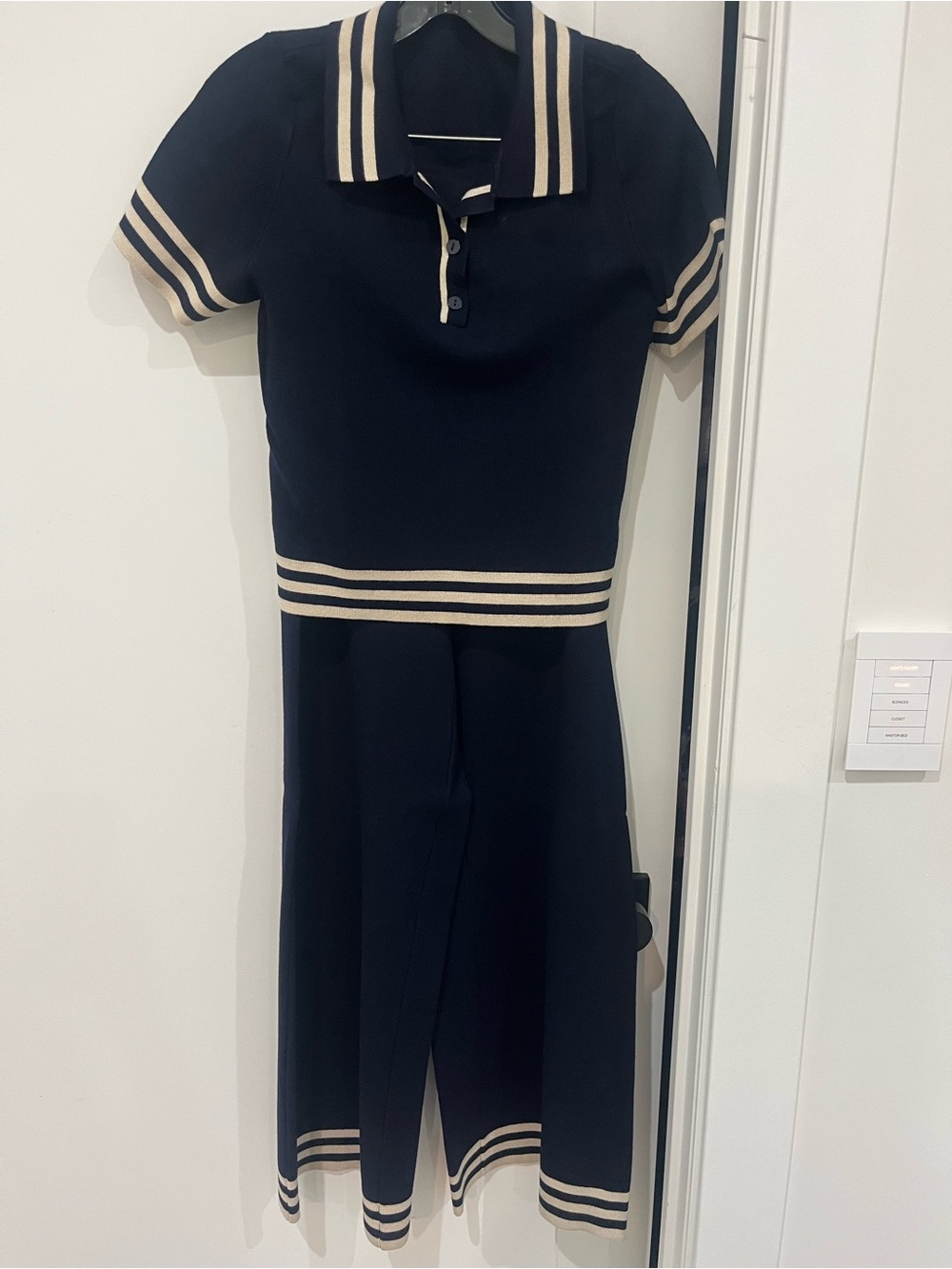 Caroline Constas Navy Wide-Leg Jumpsuit with Cream Stripes